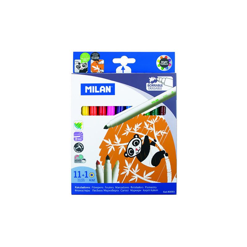 Milan Cone Tipped Erasable Fiberpens (Set of 12) + Eraser 80093