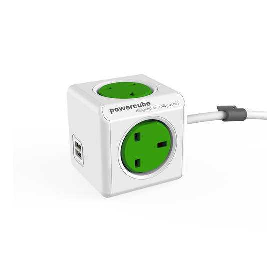 Allocacoc Power Cube Extension + USB (4 Plugs + 2 USB + Cable 1.5M) أخضر