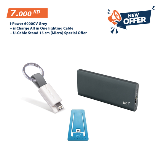 i-Power 6000CV Gray + inCharge كبل إضاءة الكل في واحد + كابل U أزرق بحامل 15 سم (ميكرو) عرض خاص